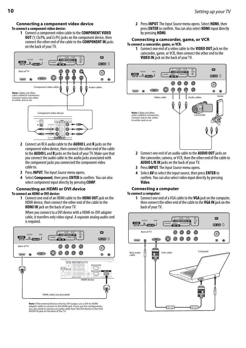 Connecting a component video device, Connecting an hdmi or dvi device, Connecting a camcorder, game, or vcr | Connecting a computer, Setting up your tv | Dynex DX-LCD22-09 User Manual | Page 10 / 24