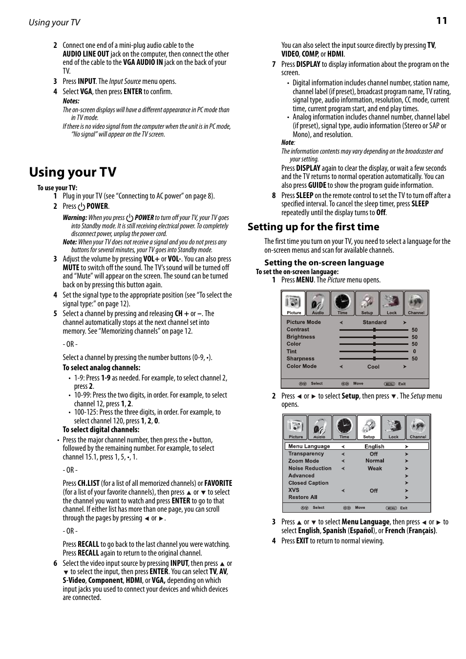 Using your tv, Setting up for the first time, Setting the on-screen language | Dynex DX-LCD22-09 User Manual | Page 11 / 24