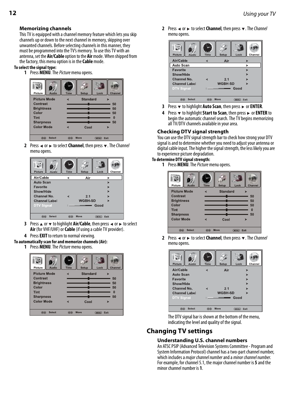 Memorizing channels, Checking dtv signal strength, Changing tv settings | Understanding u.s. channel numbers, Ee “to select the, Signal type | Dynex DX-LCD22-09 User Manual | Page 12 / 24