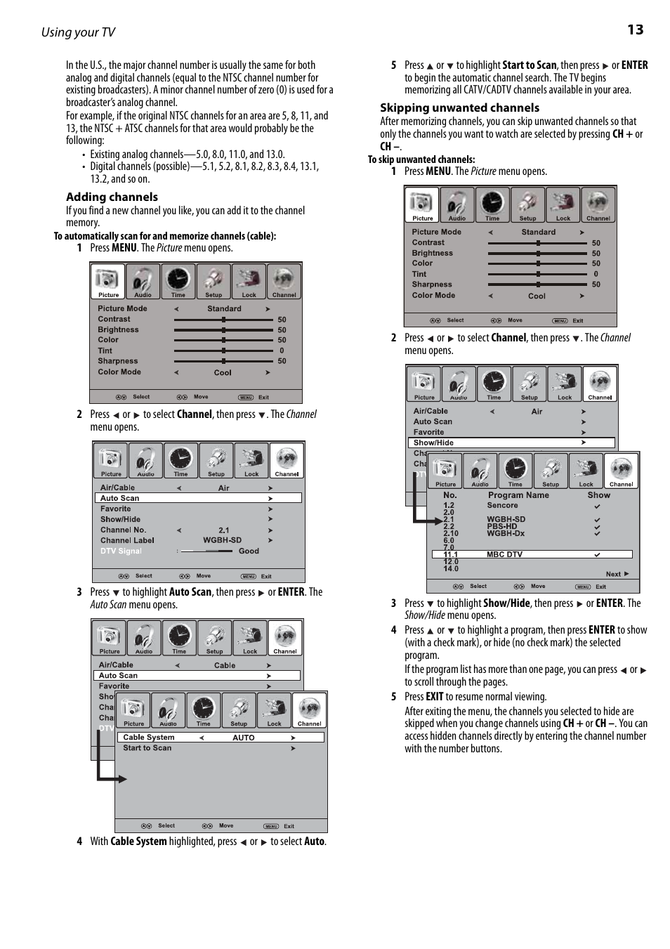 Adding channels, Skipping unwanted channels | Dynex DX-LCD22-09 User Manual | Page 13 / 24