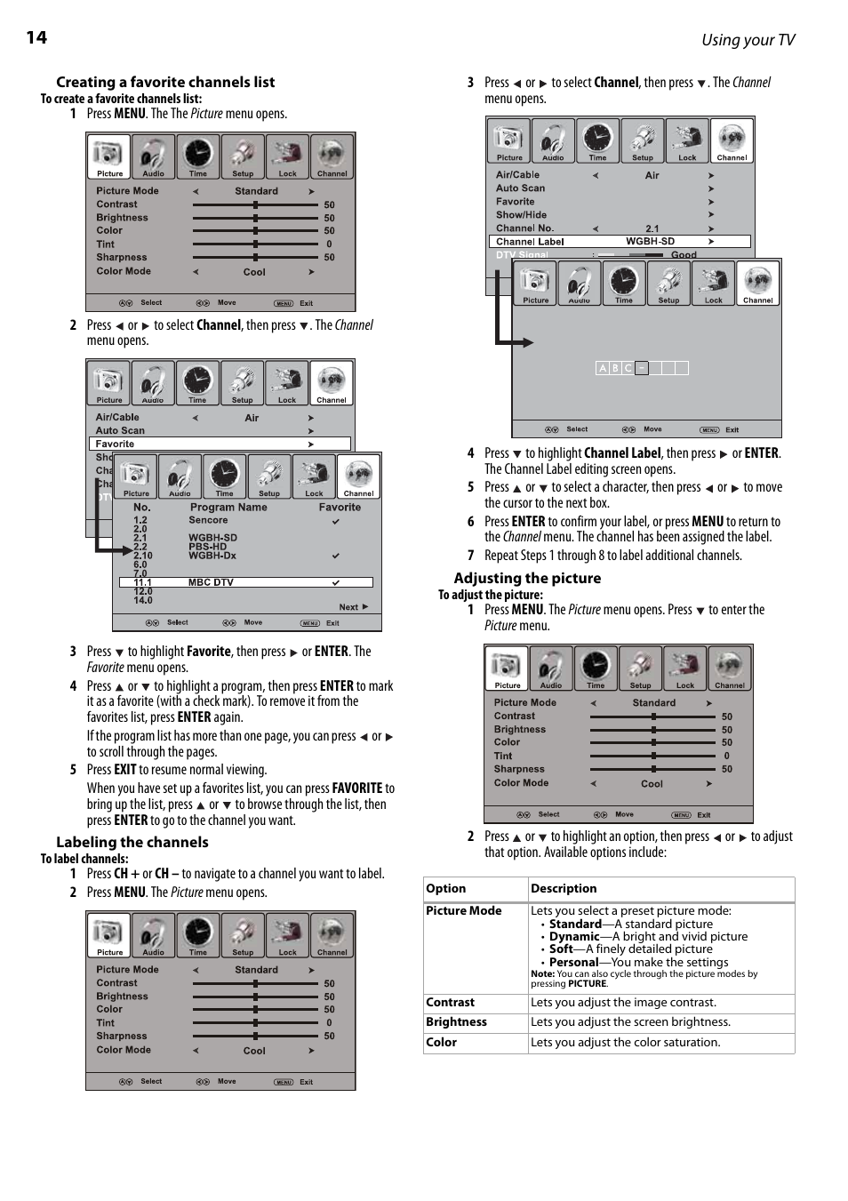 Creating a favorite channels list, Labeling the channels, Adjusting the picture | Dynex DX-LCD22-09 User Manual | Page 14 / 24