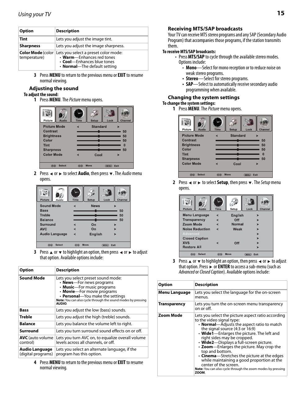 Adjusting the sound, Receiving mts/sap broadcasts, Changing the system settings | Using your tv | Dynex DX-LCD22-09 User Manual | Page 15 / 24
