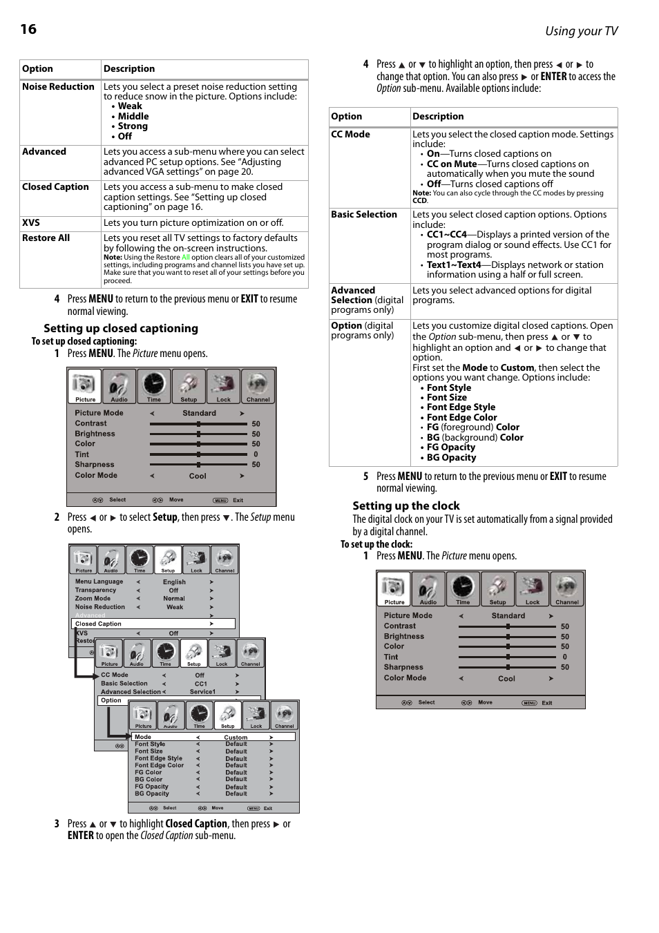 Setting up closed captioning, Setting up the clock, Using your tv | Dynex DX-LCD22-09 User Manual | Page 16 / 24