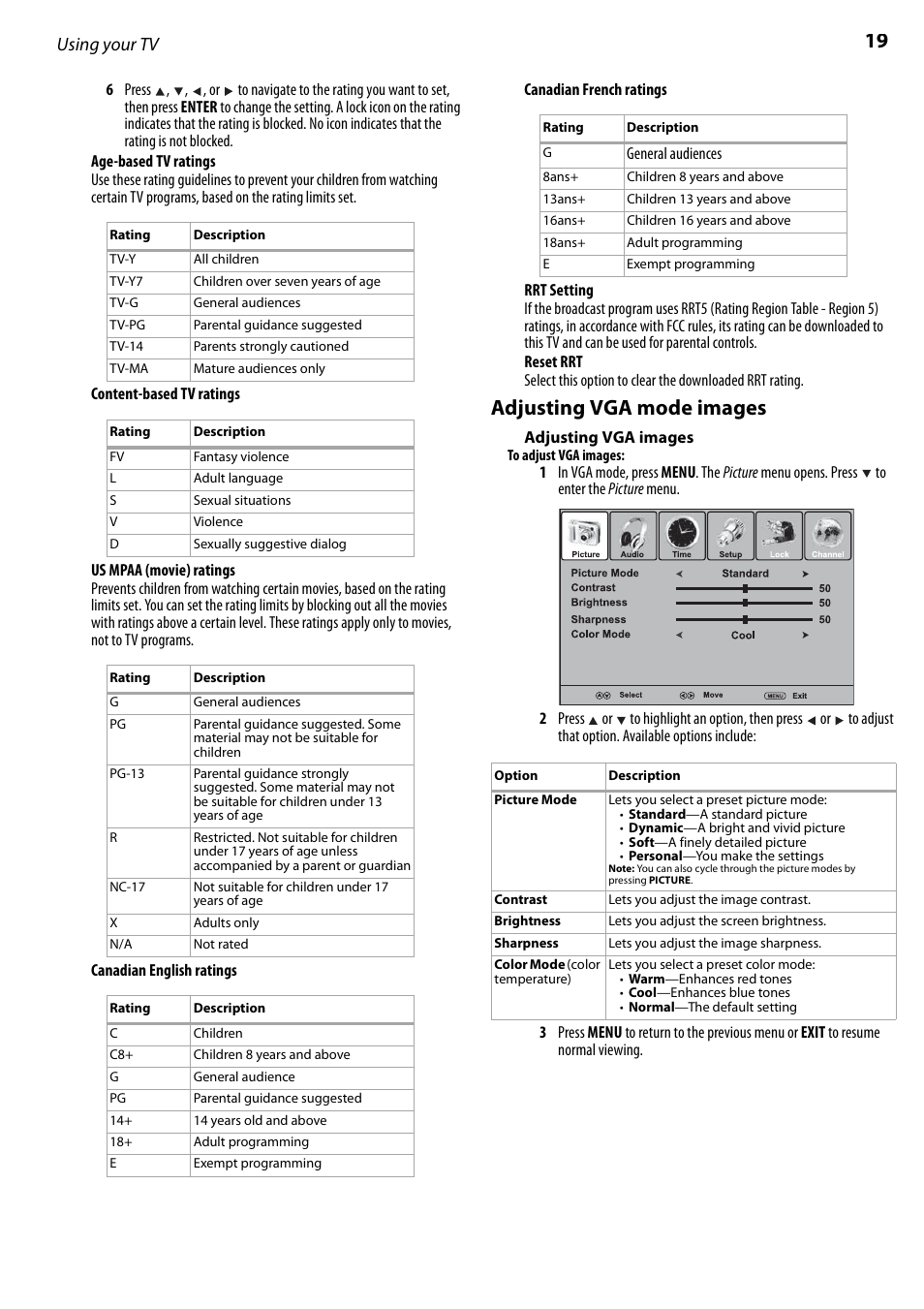 Adjusting vga mode images, Adjusting vga images, Using your tv | Dynex DX-LCD22-09 User Manual | Page 19 / 24