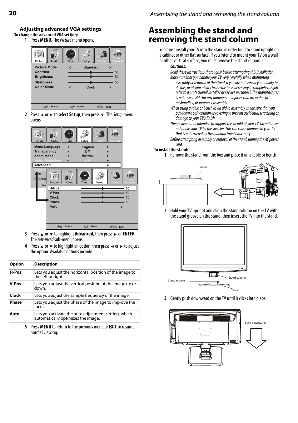 Adjusting advanced vga settings, Assembling the stand and removing the stand column, E “adjusting advanced vga settings | Ge 20 | Dynex DX-LCD22-09 User Manual | Page 20 / 24