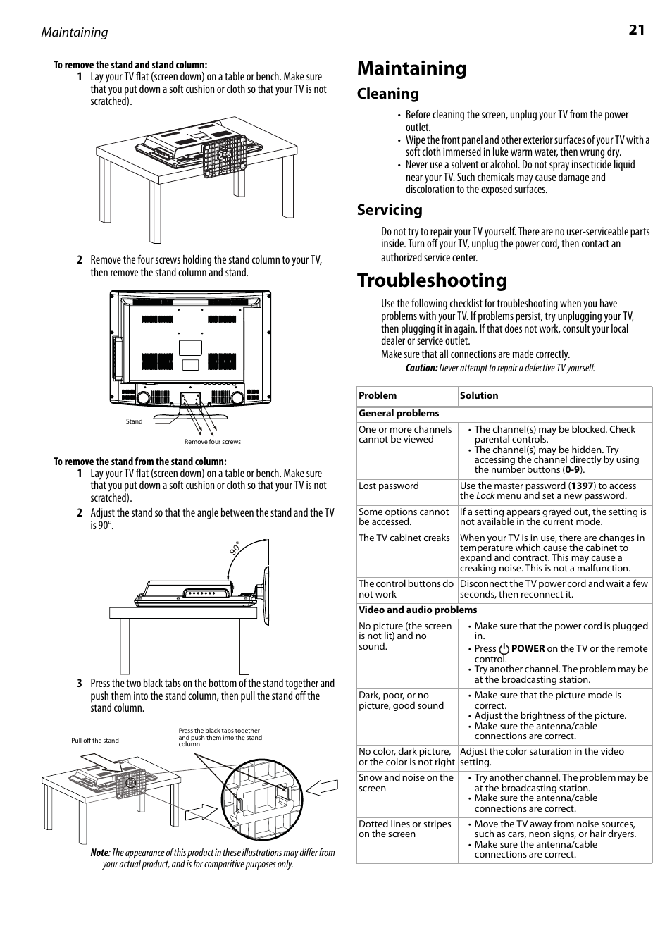 Maintaining, Cleaning, Servicing | Troubleshooting, Cleaning servicing | Dynex DX-LCD22-09 User Manual | Page 21 / 24