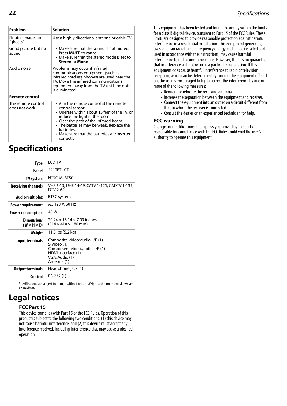 Specifications, Legal notices, Fcc part 15 | Fcc warning, Specifications legal notices | Dynex DX-LCD22-09 User Manual | Page 22 / 24