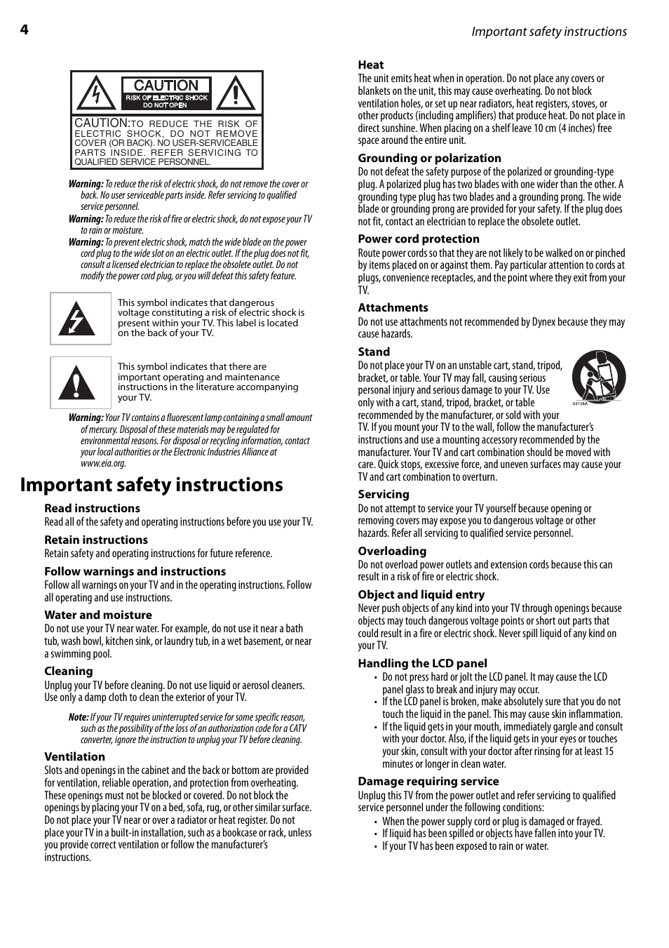 Important safety instructions, Read instructions, Retain instructions | Follow warnings and instructions, Water and moisture, Cleaning, Ventilation, Heat, Grounding or polarization, Power cord protection | Dynex DX-LCD22-09 User Manual | Page 4 / 24