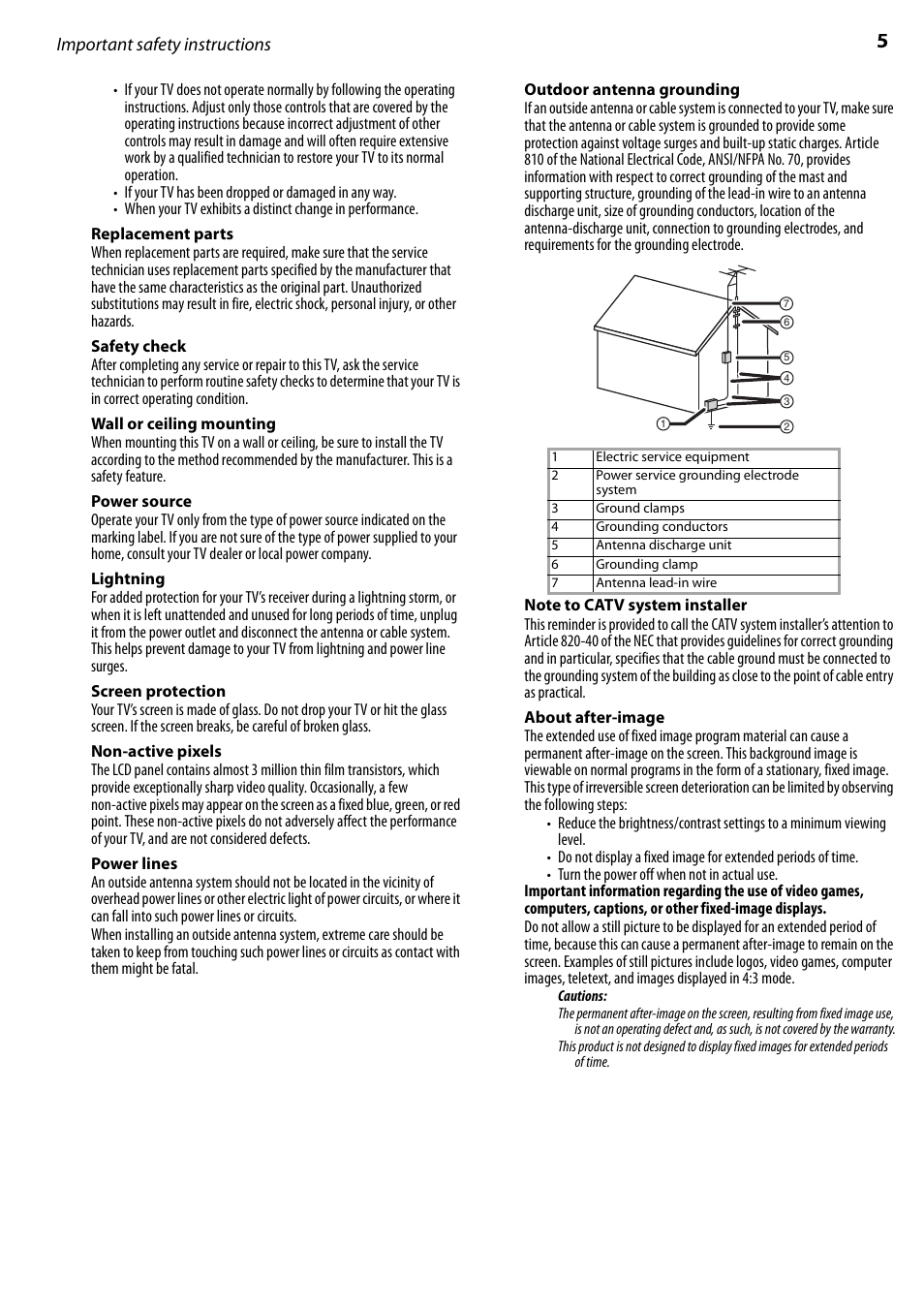 Replacement parts, Safety check, Wall or ceiling mounting | Power source, Lightning, Screen protection, Non-active pixels, Power lines, Outdoor antenna grounding, Note to catv system installer | Dynex DX-LCD22-09 User Manual | Page 5 / 24