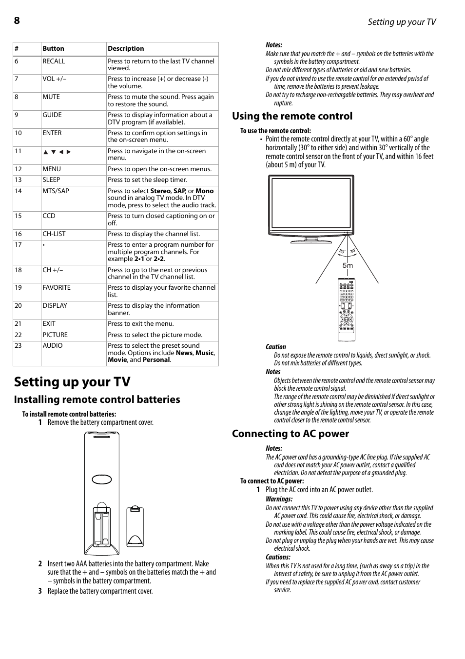 Setting up your tv, Installing remote control batteries, Using the remote control | Connecting to ac power | Dynex DX-LCD22-09 User Manual | Page 8 / 24