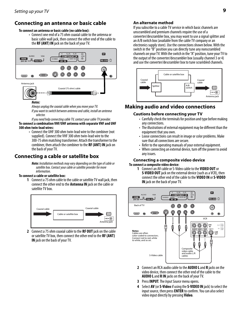 Connecting an antenna or basic cable, Connecting a cable or satellite box, An alternate method | Making audio and video connections, Cautions before connecting your tv, Connecting a composite video device, 9connecting an antenna or basic cable, Setting up your tv | Dynex DX-LCD22-09 User Manual | Page 9 / 24