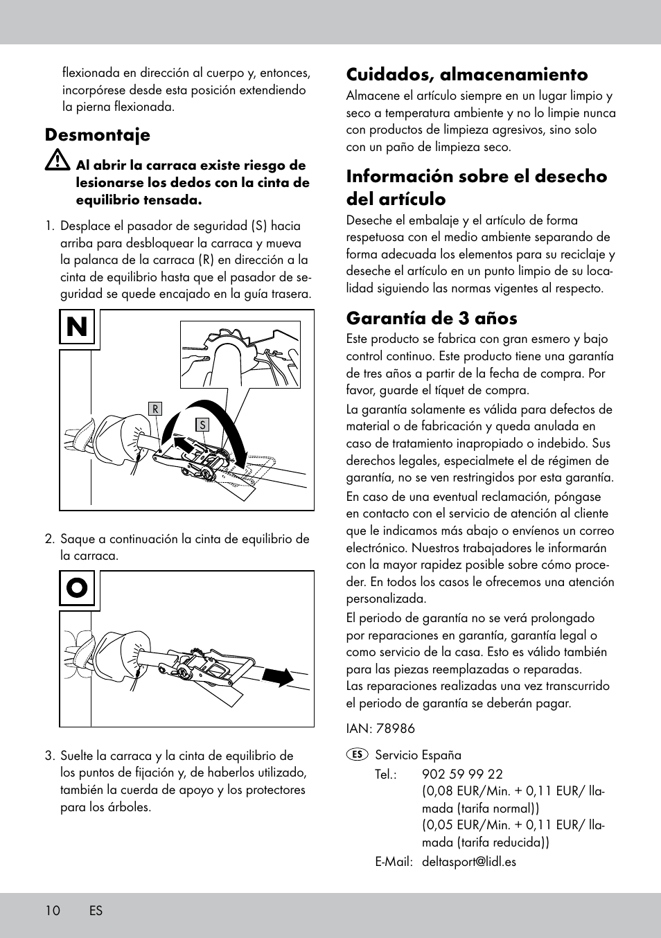 Desmontaje, Cuidados, almacenamiento, Información sobre el desecho del artículo | Garantía de 3 años | Crivit SL-1530 User Manual | Page 10 / 44