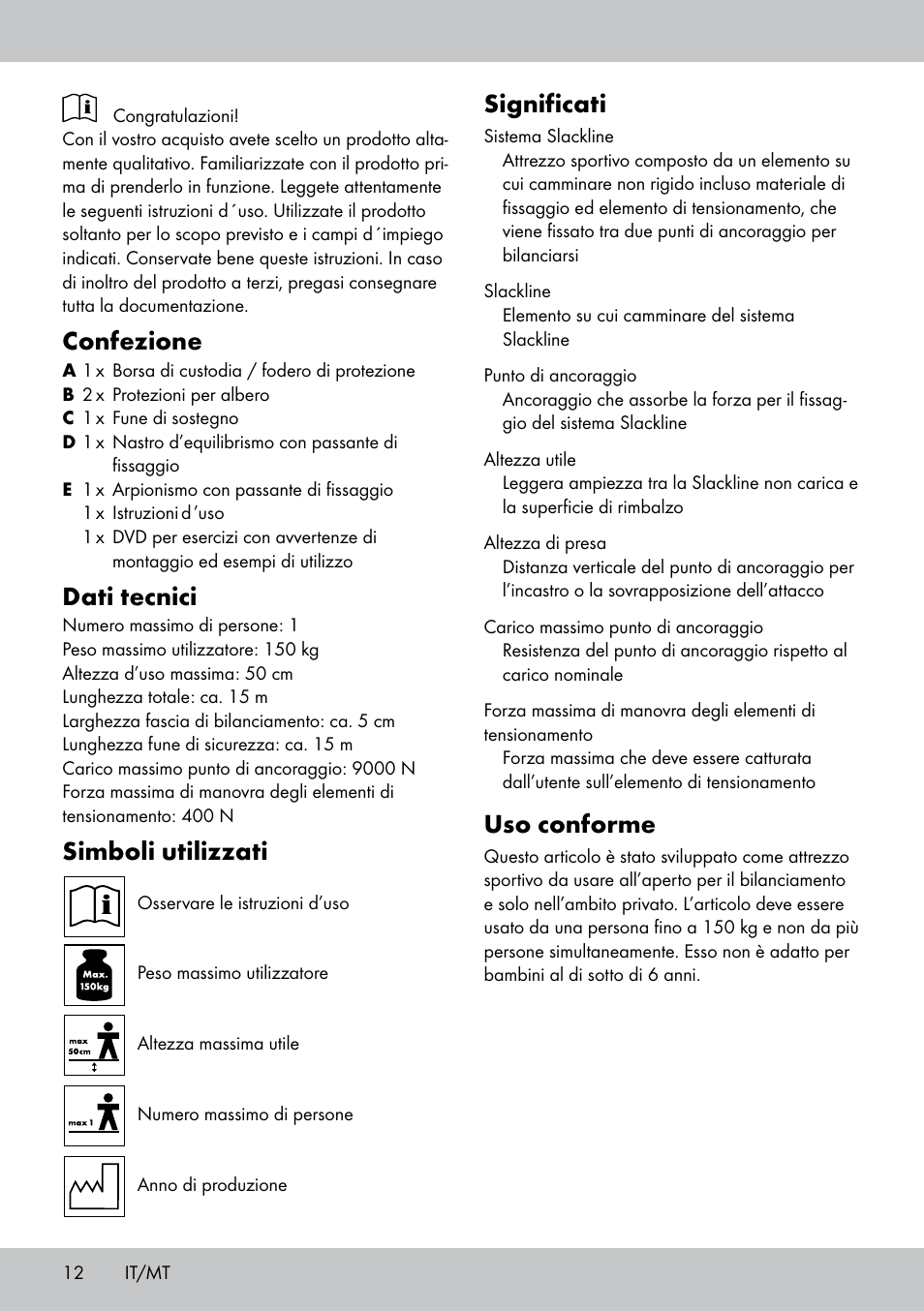 Confezione, Dati tecnici, Simboli utilizzati | Significati, Uso conforme | Crivit SL-1530 User Manual | Page 12 / 44