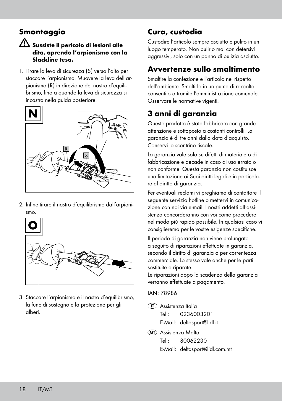 Smontaggio, Cura, custodia, Avvertenze sullo smaltimento | 3 anni di garanzia | Crivit SL-1530 User Manual | Page 18 / 44