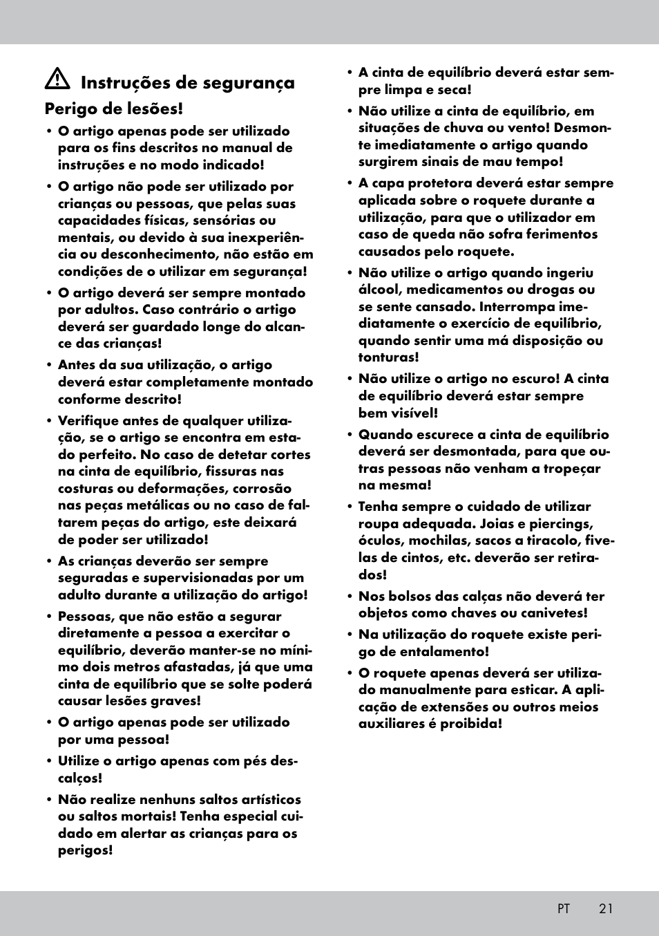 Instruções de segurança, Perigo de lesões | Crivit SL-1530 User Manual | Page 21 / 44