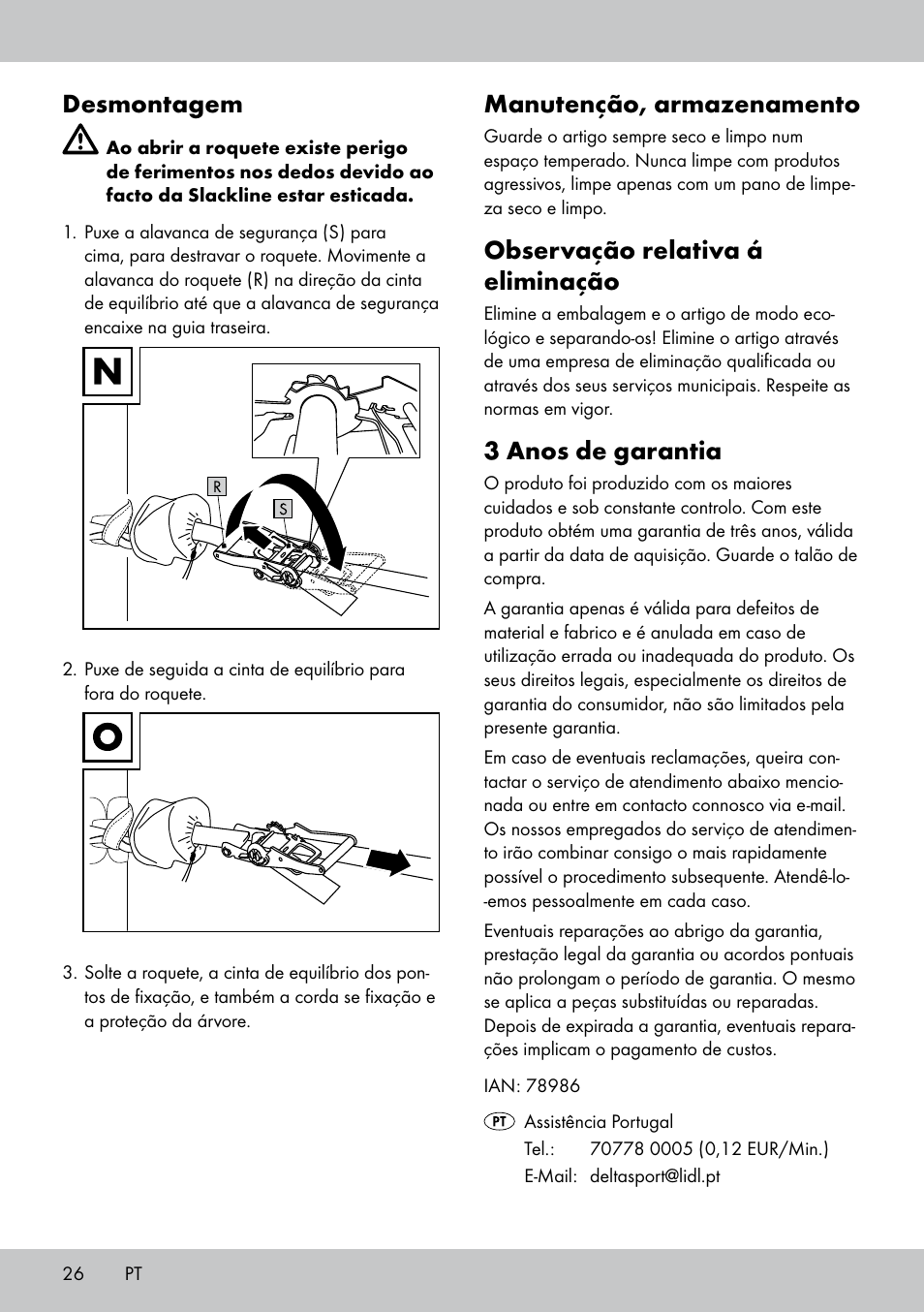 Desmontagem, Manutenção, armazenamento, Observação relativa á eliminação | 3 anos de garantia | Crivit SL-1530 User Manual | Page 26 / 44