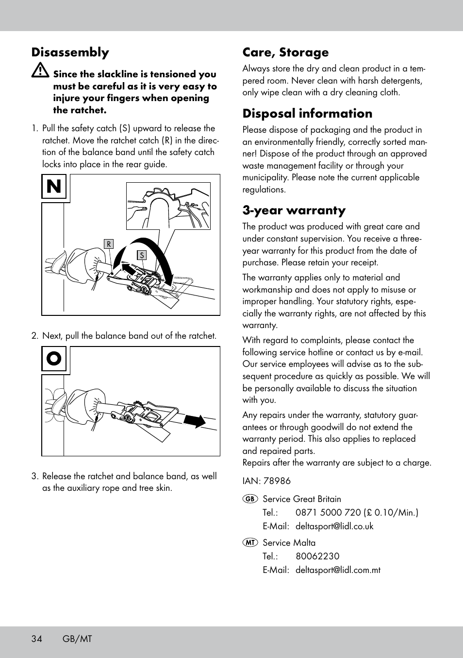 Disassembly, Care, storage, Disposal information | Year warranty | Crivit SL-1530 User Manual | Page 34 / 44