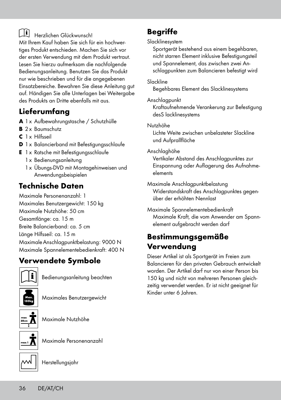 Lieferumfang, Technische daten, Verwendete symbole | Begriffe, Bestimmungsgemäße verwendung | Crivit SL-1530 User Manual | Page 36 / 44