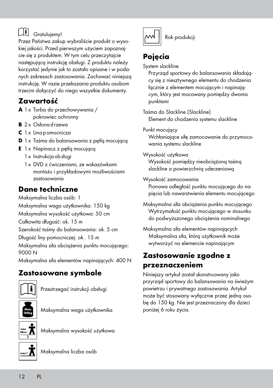 Zawartość, Dane techniczne, Zastosowane symbole | Pojęcia, Zastosowanie zgodne z przeznaczeniem | Crivit SL-1530 User Manual | Page 12 / 60