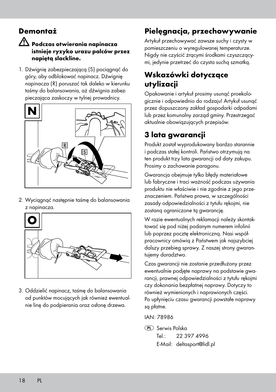 Demontaż, Pielęgnacja, przechowywanie, Wskazówki dotyczące utylizacji | 3 lata gwarancji | Crivit SL-1530 User Manual | Page 18 / 60