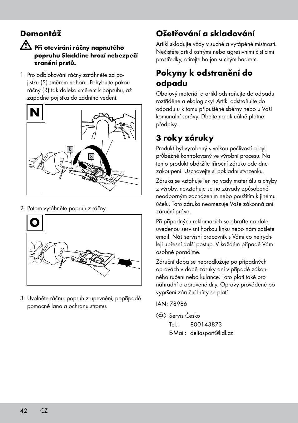 Demontáž, Ošetřování a skladování, Pokyny k odstranění do odpadu | 3 roky záruky | Crivit SL-1530 User Manual | Page 42 / 60