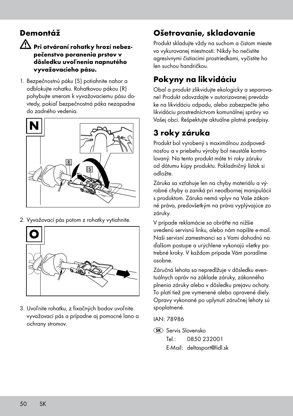 Demontáž, Ošetrovanie, skladovanie, Pokyny na likvidáciu | 3 roky záruka | Crivit SL-1530 User Manual | Page 50 / 60