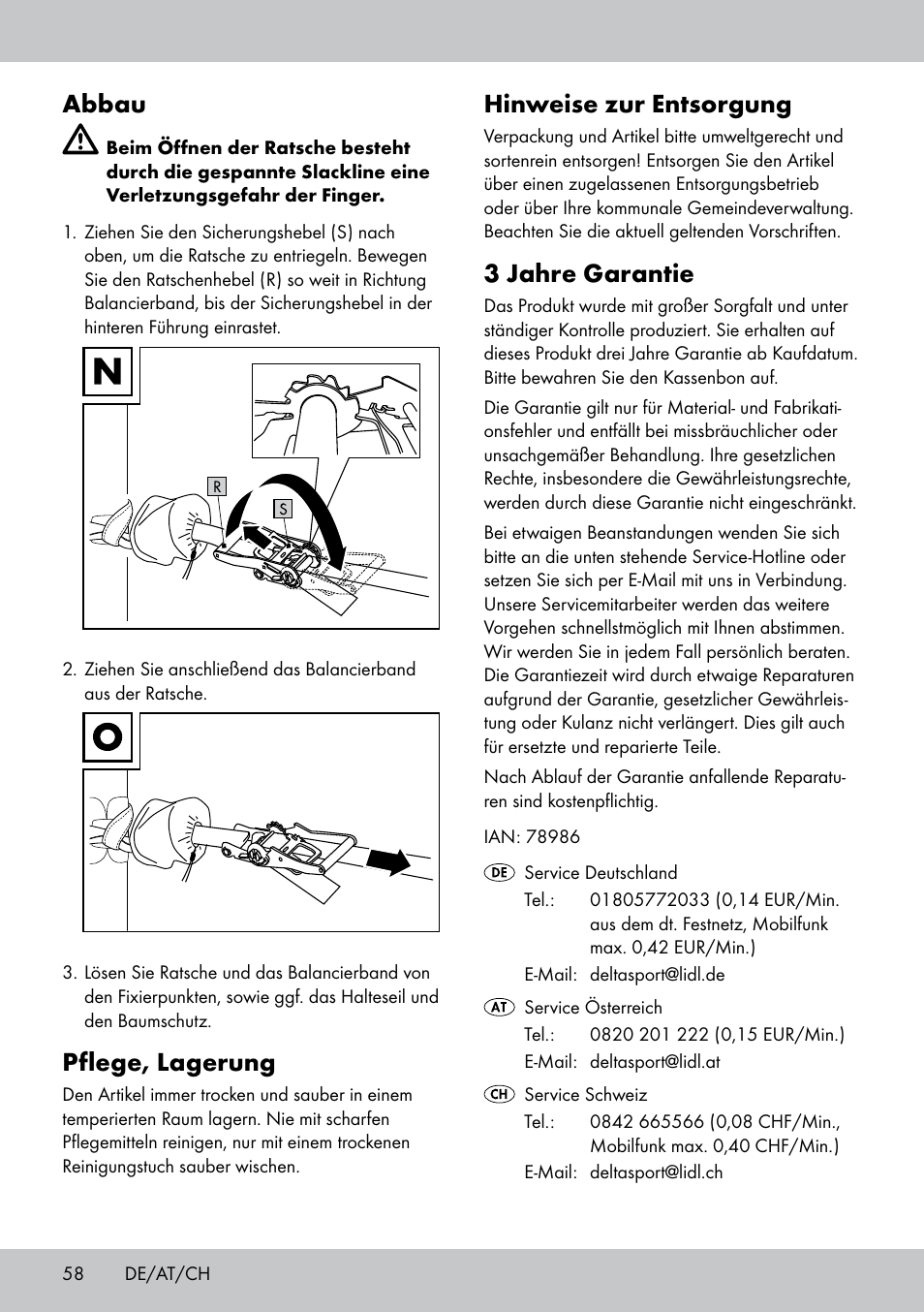 Abbau, Pflege, lagerung, Hinweise zur entsorgung | 3 jahre garantie | Crivit SL-1530 User Manual | Page 58 / 60