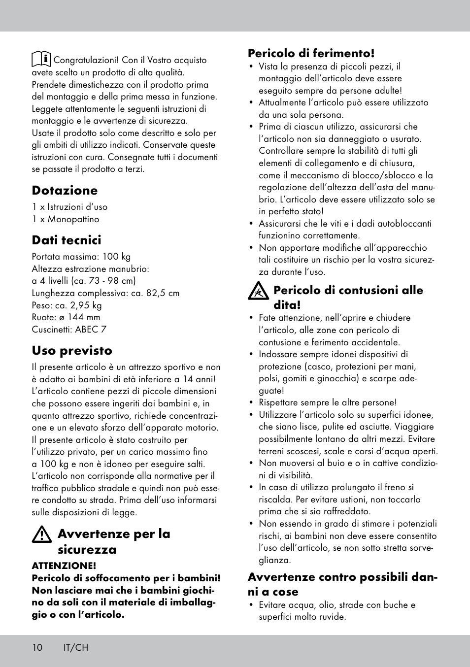 Dotazione, Dati tecnici, Uso previsto | Avvertenze per la sicurezza | Crivit AS-1543 User Manual | Page 10 / 20