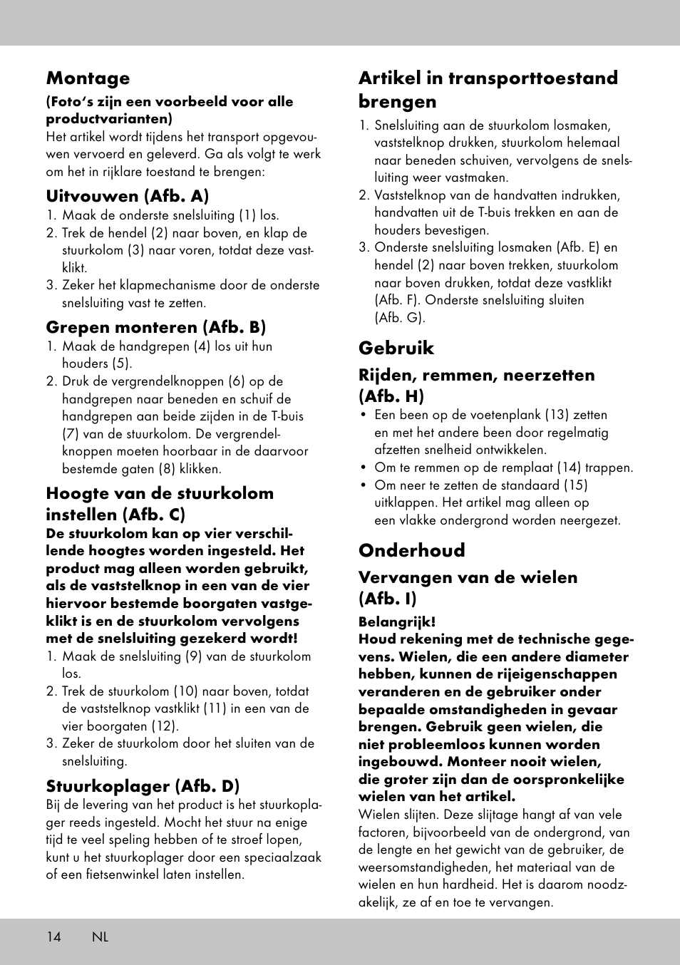 Montage, Artikel in transporttoestand brengen, Gebruik | Onderhoud | Crivit AS-1543 User Manual | Page 14 / 20