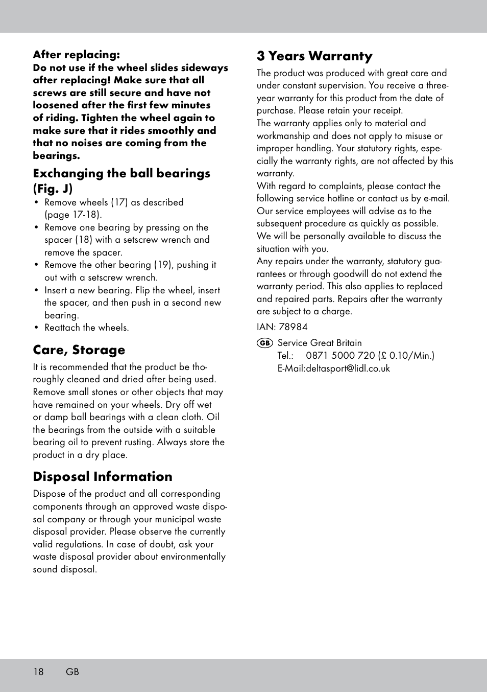 3 years warranty, Care, storage, Disposal information | Exchanging the ball bearings (fig. j) | Crivit AS-1543 User Manual | Page 18 / 20