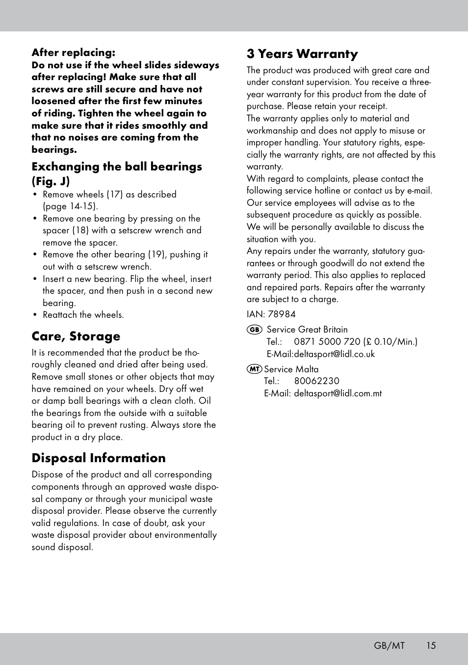 3 years warranty, Care, storage, Disposal information | Exchanging the ball bearings (fig. j) | Crivit AS-1543 User Manual | Page 15 / 20