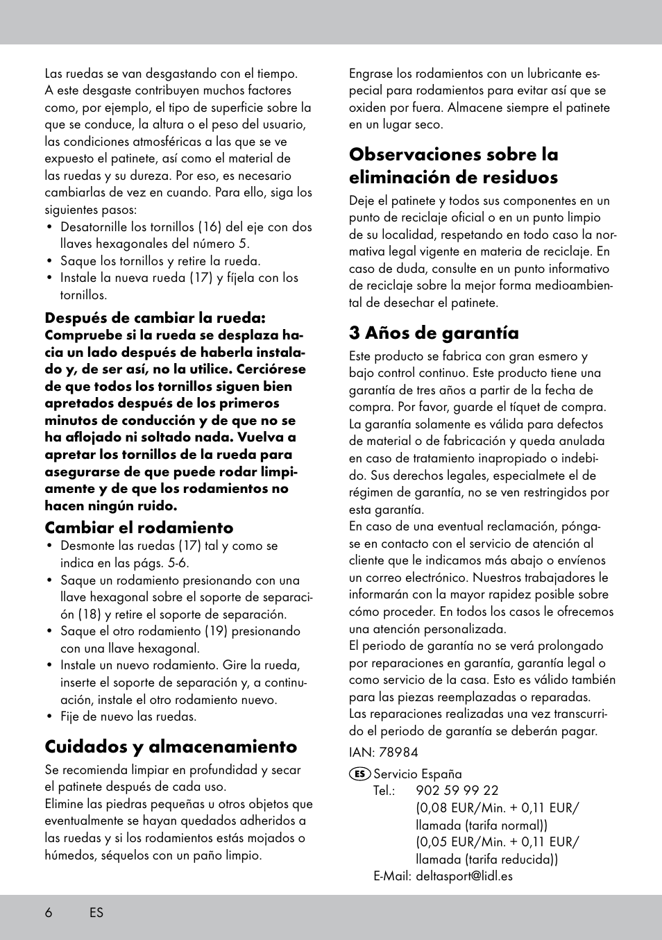 Cuidados y almacenamiento, Observaciones sobre la eliminación de residuos, 3 años de garantía | Cambiar el rodamiento | Crivit AS-1543 User Manual | Page 6 / 20