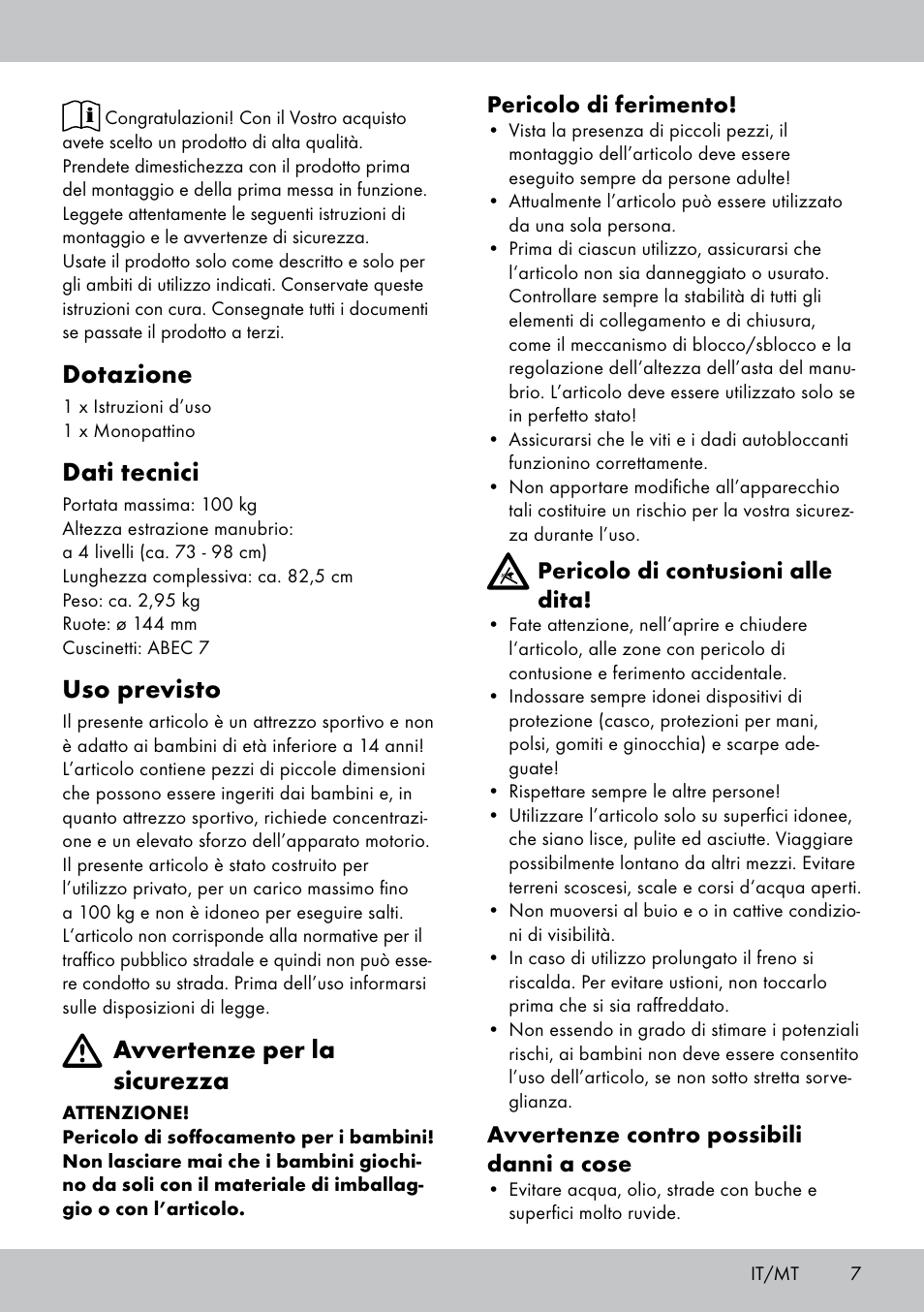 Dotazione, Dati tecnici, Uso previsto | Avvertenze per la sicurezza | Crivit AS-1543 User Manual | Page 7 / 20