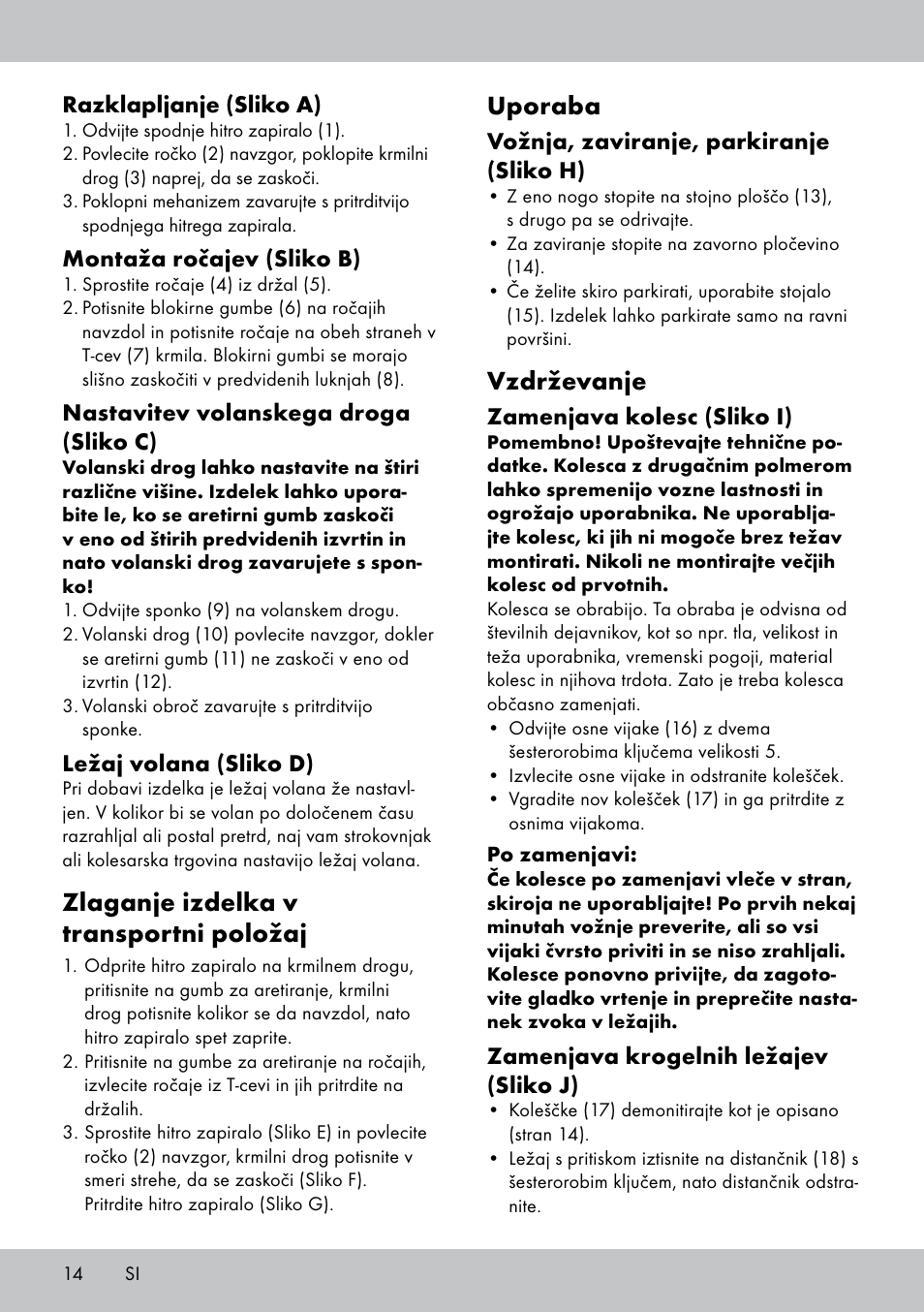 Zlaganje izdelka v transportni položaj, Uporaba, Vzdrževanje | Crivit AS-1543 User Manual | Page 14 / 28