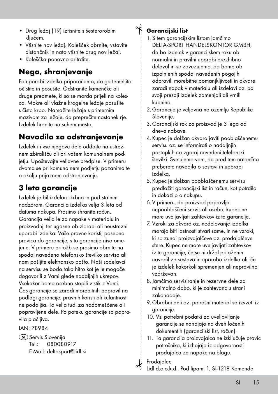 Nega, shranjevanje, Navodila za odstranjevanje, 3 leta garancije | Crivit AS-1543 User Manual | Page 15 / 28