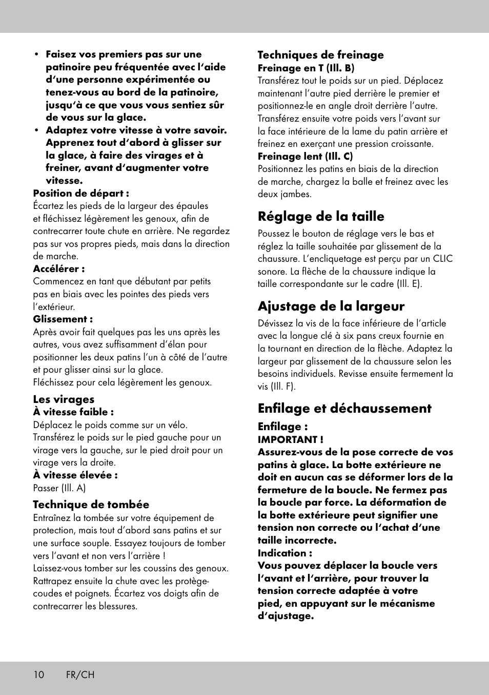 Réglage de la taille, Ajustage de la largeur, Enfilage et déchaussement | Crivit KI-1431 User Manual | Page 10 / 24