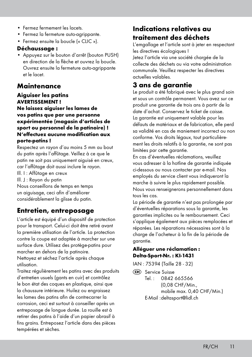 Indications relatives au traitement des déchets, 3 ans de garantie, Maintenance | Entretien, entreposage | Crivit KI-1431 User Manual | Page 11 / 24