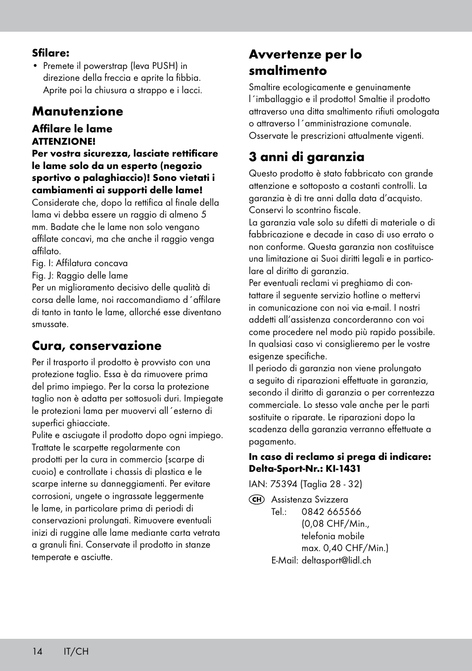 Avvertenze per lo smaltimento, 3 anni di garanzia, Manutenzione | Cura, conservazione | Crivit KI-1431 User Manual | Page 14 / 24
