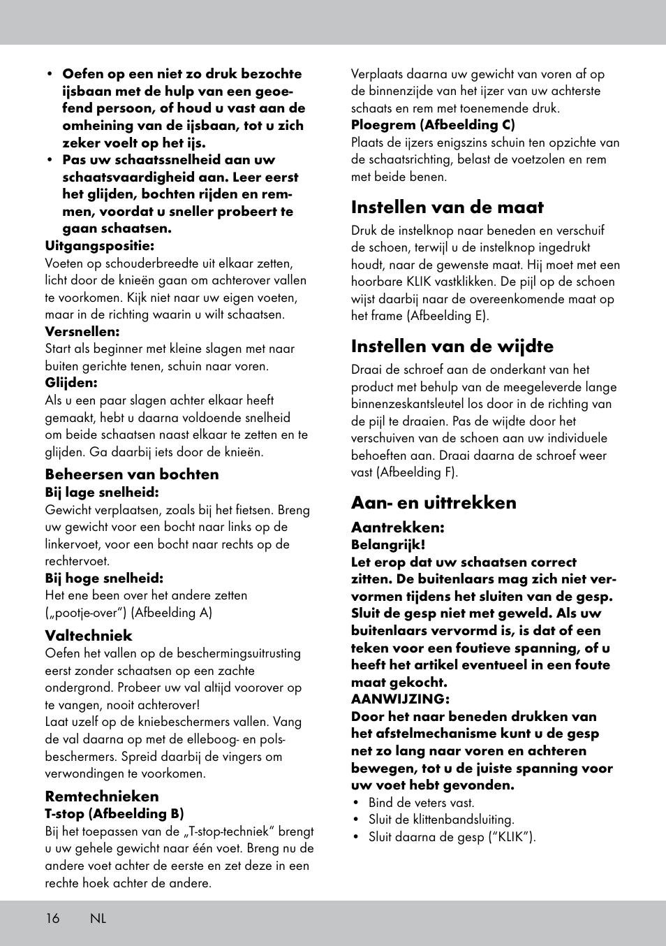 Instellen van de maat, Instellen van de wijdte, Aan- en uittrekken | Crivit KI-1431 User Manual | Page 16 / 24