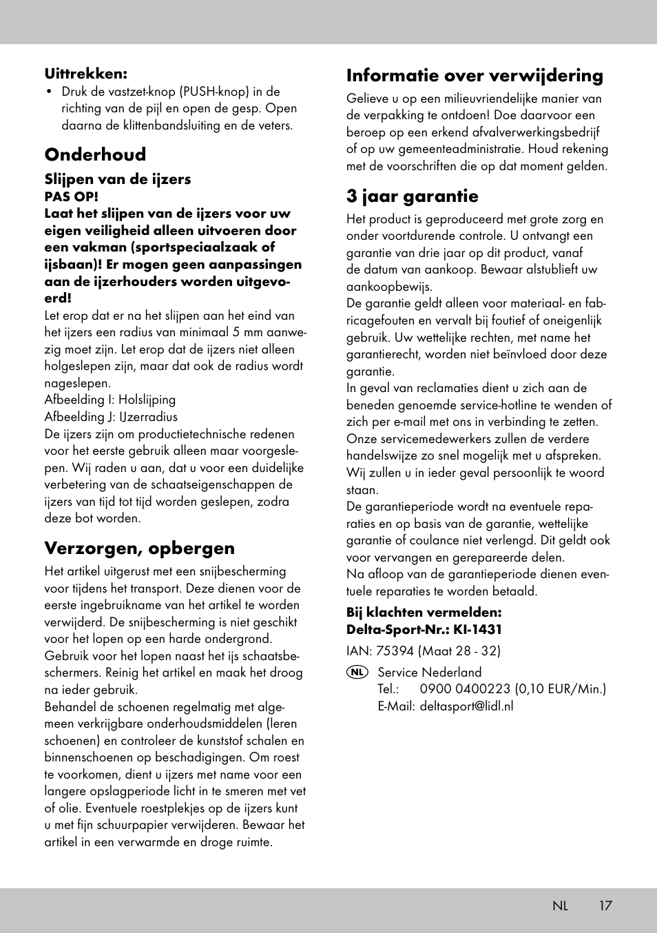 Informatie over verwijdering, 3 jaar garantie, Onderhoud | Verzorgen, opbergen | Crivit KI-1431 User Manual | Page 17 / 24