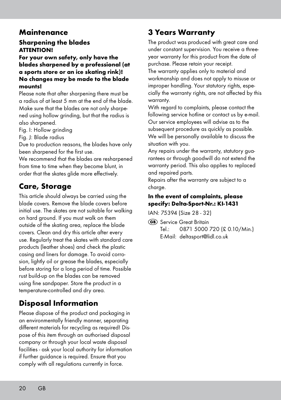 3 years warranty, Maintenance, Care, storage | Disposal information | Crivit KI-1431 User Manual | Page 20 / 24