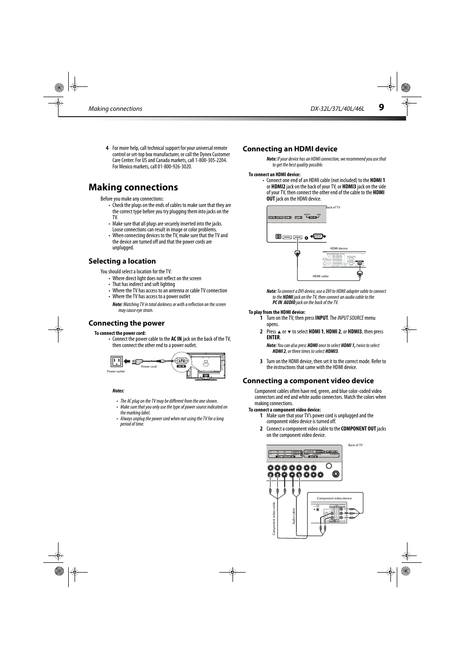 Making connections, Selecting a location, Connecting the power | Connecting an hdmi device, Connecting a component video device, E “connecting an hdmi device, Ge 9, Connecting a component video device” on | Dynex DX-32L150A11 User Manual | Page 12 / 38