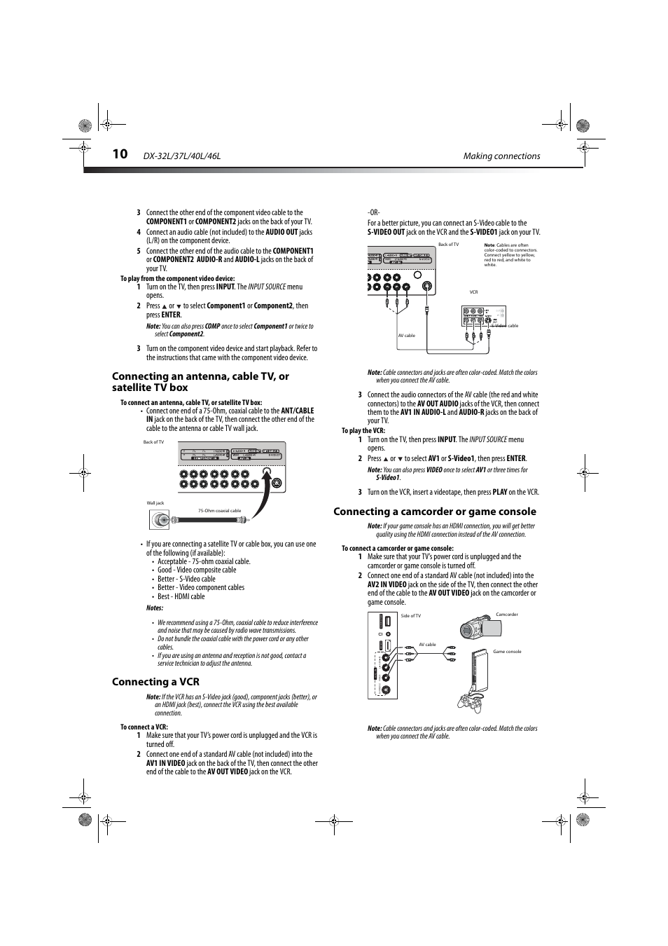 Connecting a vcr, Connecting a camcorder or game console, Ation, see “connecting a camcorder or game console | Ation, see “connecting a vcr, Ge 10 f, Connecting a vcr" on | Dynex DX-32L150A11 User Manual | Page 13 / 38