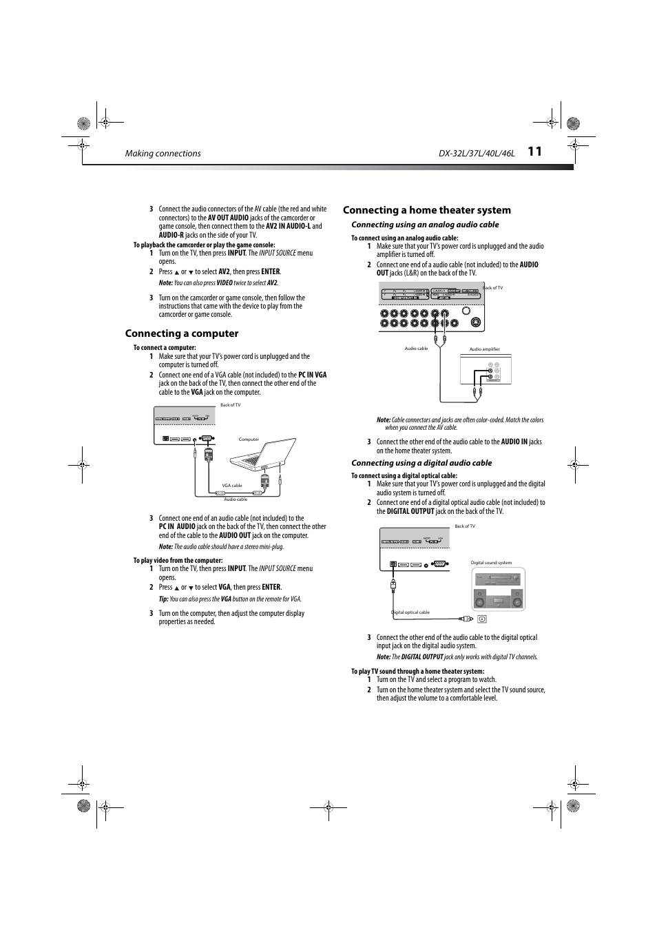 Connecting a computer, Connecting a home theater system, Connecting using an analog audio cable | Connecting using a digital audio cable, Ation, see “connecting using a digital audio cable, Ge 11, E "connecting a home theater system | Dynex DX-32L150A11 User Manual | Page 14 / 38