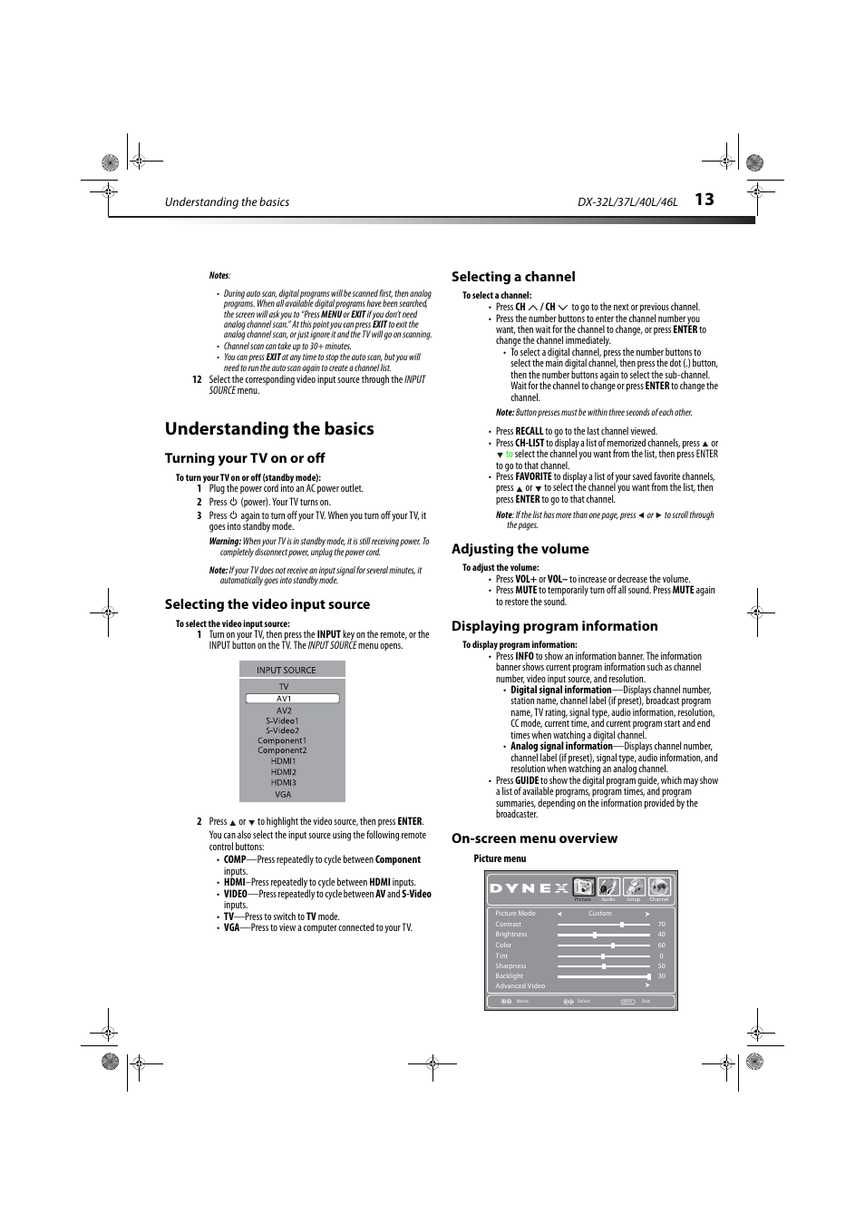 Understanding the basics, Turning your tv on or off, Selecting the video input source | Selecting a channel, Adjusting the volume, Displaying program information, On-screen menu overview, E “selecting the video input source” o, E “selecting a channel, E “displaying program information” on | Dynex DX-32L150A11 User Manual | Page 16 / 38