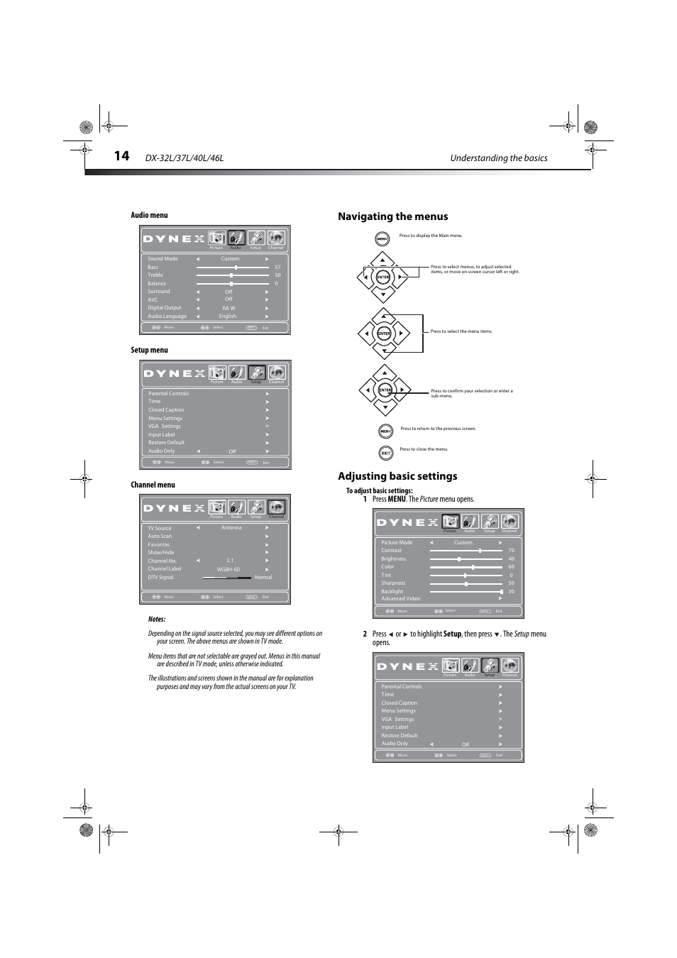 Navigating the menus, Adjusting basic settings, Navigating the menus adjusting basic settings | Audio menu setup menu channel menu | Dynex DX-32L150A11 User Manual | Page 17 / 38