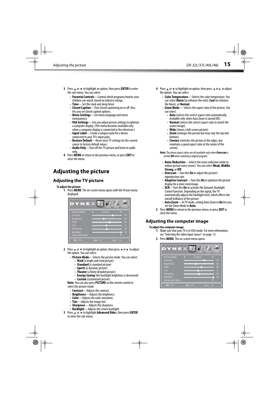 Adjusting the picture, Adjusting the tv picture, Adjusting the computer image | See “adjusting the tv picture” on, E 15, Ge 15 | Dynex DX-32L150A11 User Manual | Page 18 / 38