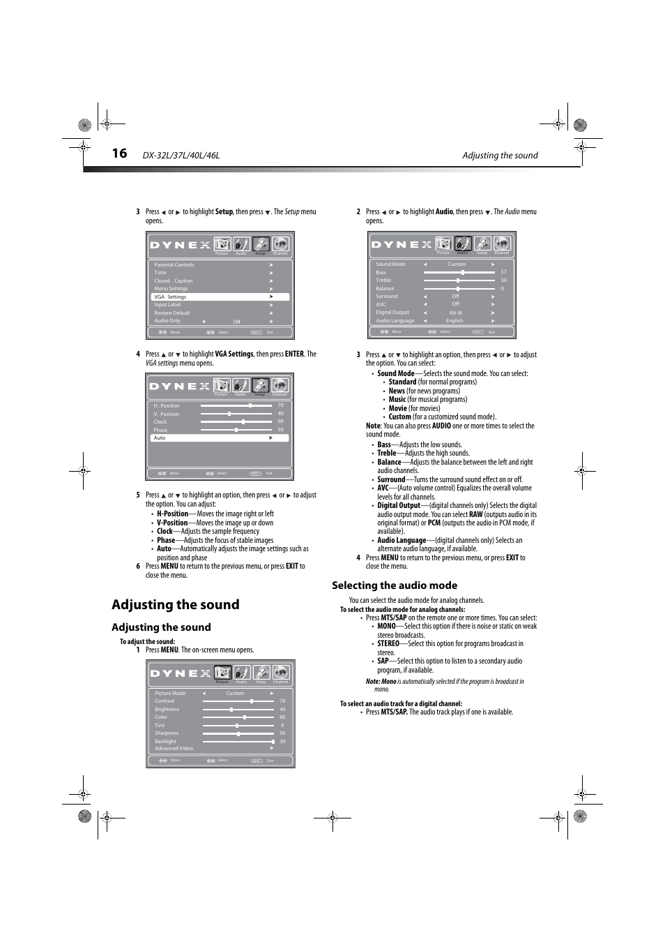 Adjusting the sound, Selecting the audio mode, Adjusting the sound selecting the audio mode | You can select the audio mode for analog channels | Dynex DX-32L150A11 User Manual | Page 19 / 38