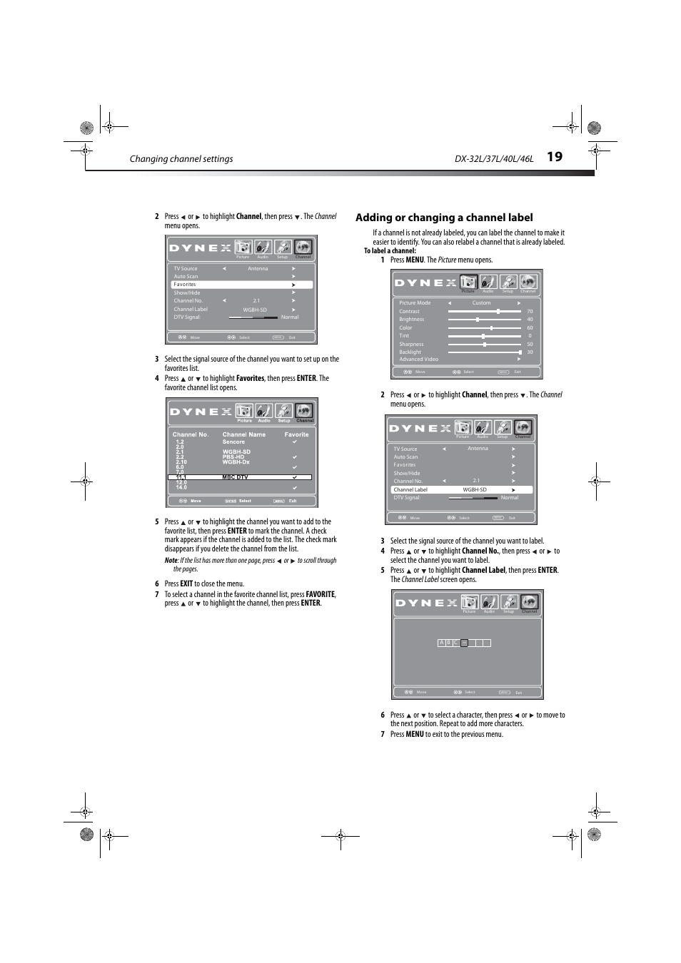 Adding or changing a channel label, Changing channel settings | Dynex DX-32L150A11 User Manual | Page 22 / 38