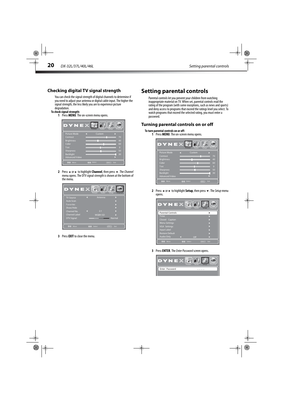 Checking digital tv signal strength, Setting parental controls, Turning parental controls on or off | Dynex DX-32L150A11 User Manual | Page 23 / 38